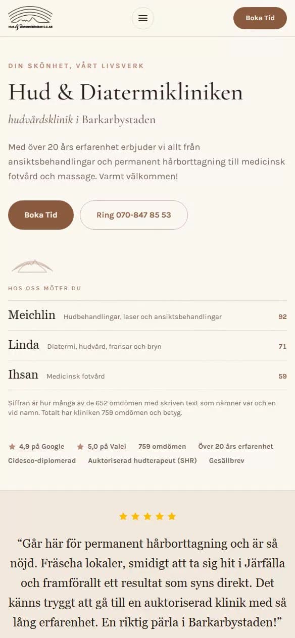 huddiatermibarkarby.com i mobilen, byggd av Webbpiloten