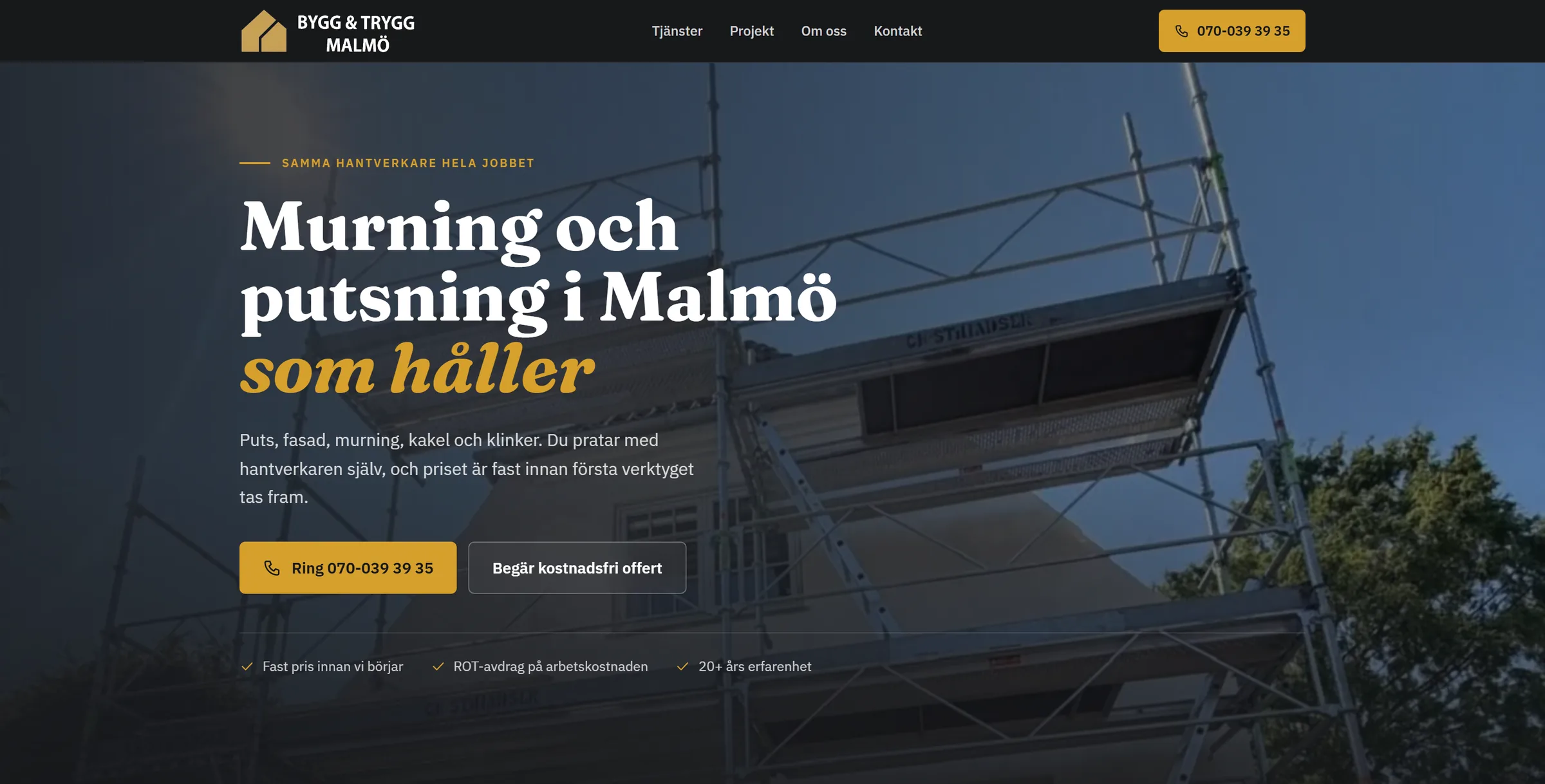 Bygg & Tryggs nya webbplats med tydlig rubrik och kontaktknappar